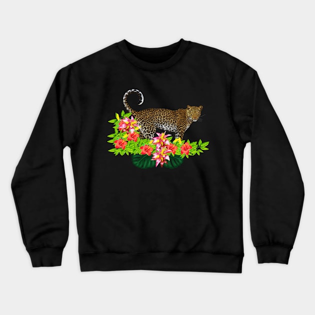 Tropical Jaguar Cat Floral theme Crewneck Sweatshirt by dukito